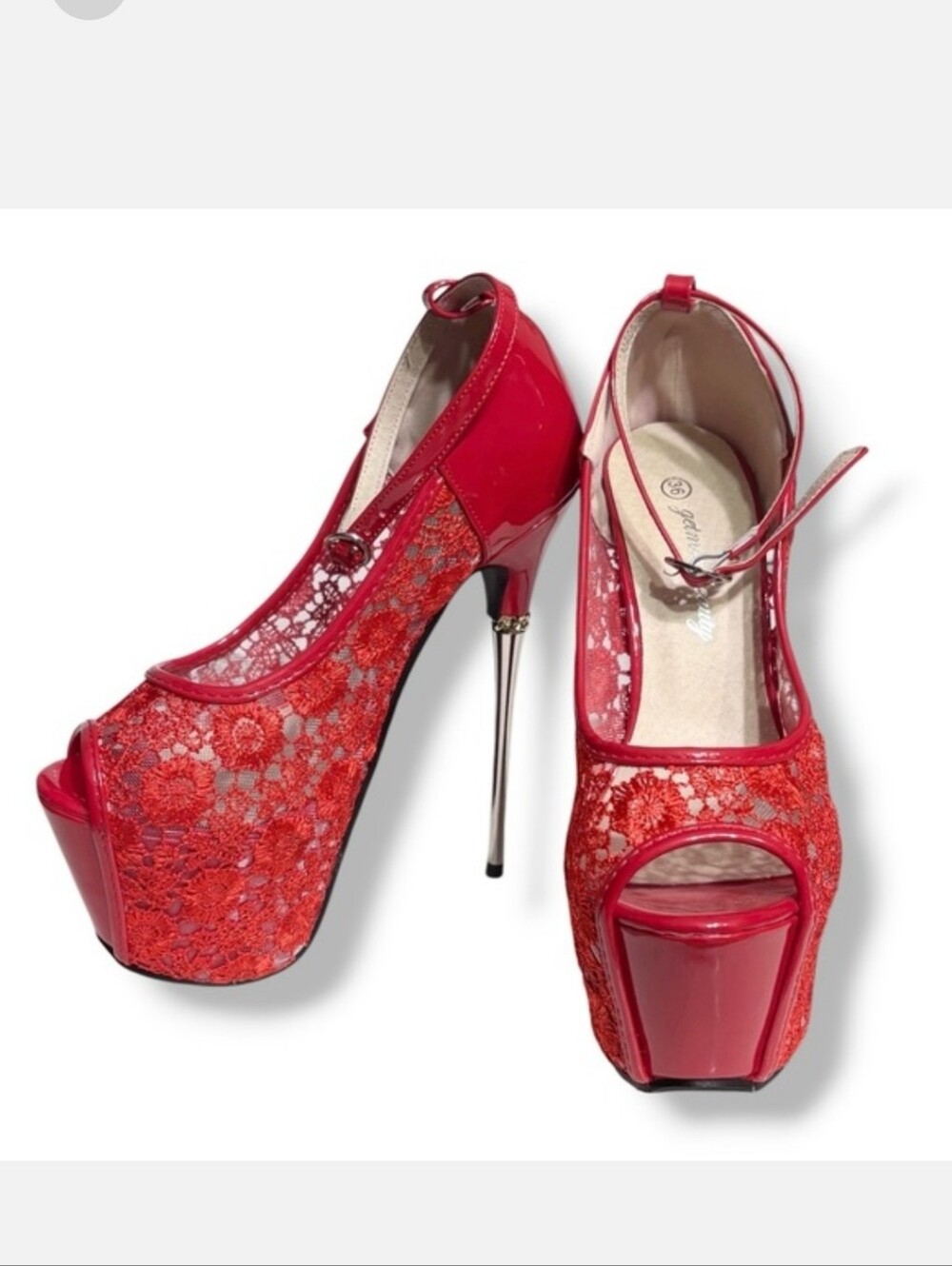 GETMOREBEAUTY Red Lace & Patent Leather Platform Stilettos Ankle Strap Size 36/6